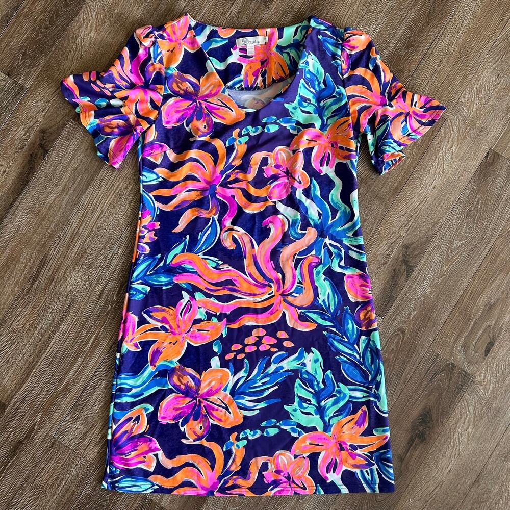ARYEH Small Resort Dress Vibrant Floral Print - Made in USA Nylon-Spandex Blend